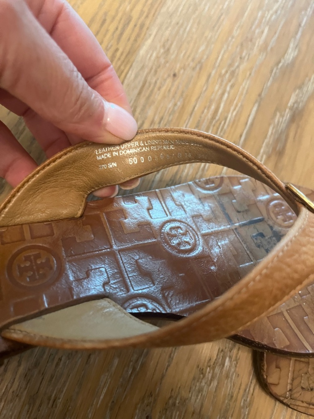 Tory Burch Tan/Bronze Leather Logo Flip Flops with Gold-Tone Medallions - Picture 3 of 5